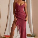Asymmetric Multi Strap Ruffle Detail Maxi Dress in Dark Mauve