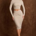 Cut-Out Draped High-Rise Midi Skirt in Light Grey