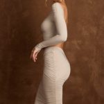 Cut-Out Draped High-Rise Midi Skirt in Light Grey - Image 3