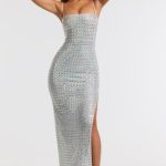 Embellished Square Neck Evening Gown in Silver - Image 5