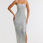 Embellished Square Neck Evening Gown in Silver - Image 9
