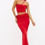 Slinky Jersey Rose Detail Mid-Rise Maxi Skirt in Scarlet Red