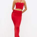 Slinky Jersey Rose Detail Mid-Rise Maxi Skirt in Scarlet Red - Image 7