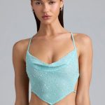 Embellished Cowl-Neck Crop Top in Ice Blue