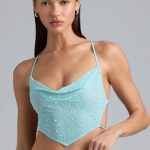 Embellished Cowl-Neck Crop Top in Ice Blue - Image 6