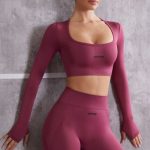 Long Sleeve Crop Top in Dark Rose