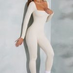 Petite Square Neck Long Sleeve Jumpsuit in Ivory