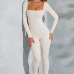 Petite Square Neck Long Sleeve Jumpsuit in Ivory - Image 7