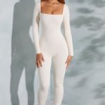 Petite Square Neck Long Sleeve Jumpsuit in Ivory - Image 9