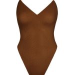 Soft Mesh V-Neck Bodysuit in Chestnut