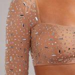 Sheer Embellished Long Sleeve Crop Top in Almond - Image 4