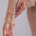 Sheer Embellished Long Sleeve Crop Top in Almond - Image 5