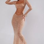 Sheer Embellished Long Sleeve Crop Top in Almond - Image 9