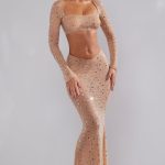 Sheer Embellished Long Sleeve Crop Top in Almond - Image 10