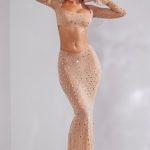Sheer Embellished Long Sleeve Crop Top in Almond - Image 12