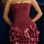 Strapless Ruffled Tiered Corset Mini Dress in Maroon Floral Print - Image 4