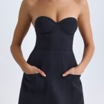 Strapless Structured Tulip Mini Dress in Black - Image 2
