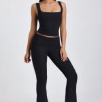 Ribbed Modal Mid-Rise Foldover Flared Trousers in Black