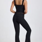 Ribbed Modal Mid-Rise Foldover Flared Trousers in Black - Image 2