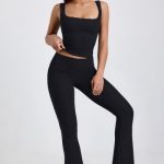 Ribbed Modal Mid-Rise Foldover Flared Trousers in Black - Image 4