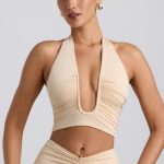 Slinky Jersey Ruched Halterneck Top in Buttercream - Image 5