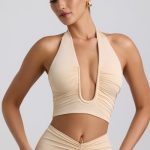 Slinky Jersey Ruched Halterneck Top in Buttercream - Image 6
