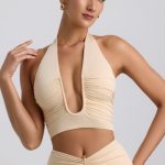 Slinky Jersey Ruched Halterneck Top in Buttercream - Image 7