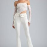 Petite Metallic Belted Mid-Rise Flared Trousers in Ivory