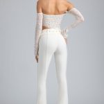 Petite Metallic Belted Mid-Rise Flared Trousers in Ivory - Image 2