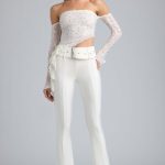Petite Metallic Belted Mid-Rise Flared Trousers in Ivory - Image 5