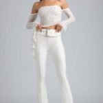 Petite Metallic Belted Mid-Rise Flared Trousers in Ivory - Image 6