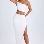 Ruched Asymmetric-Waist Maxi Skirt in White - Image 4
