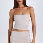 Ruched Cut-Out Mini Skirt in Taupe