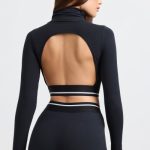 Turtleneck Backless Long-Sleeve Crop Top in Black - Image 2