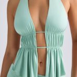 Cut-Out Ruched Halterneck Crop Top in Pastel Green - Image 4