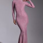 Embellished Long Sleeve Evening Gown in Light Pink