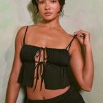 Shirred Tie Up Front Crop Top in Black