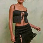 Shirred Tie Up Front Crop Top in Black - Image 9