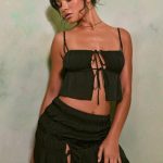 Shirred Tie Up Front Crop Top in Black - Image 11