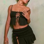 Shirred Tie Up Front Crop Top in Black - Image 12