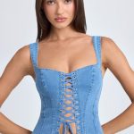Lace-Up Corset Top in Mid Blue Stonewash