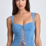 Lace-Up Corset Top in Mid Blue Stonewash - Image 4