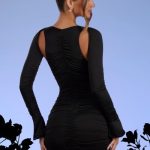Low Plunge Ruched Mini Dress in Black - Image 2