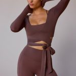 Long-Sleeve Wrap Crop Top in Taupe Brown