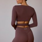 Long-Sleeve Wrap Crop Top in Taupe Brown - Image 2