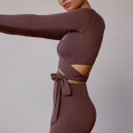 Long-Sleeve Wrap Crop Top in Taupe Brown - Image 3