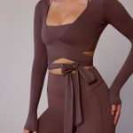 Long-Sleeve Wrap Crop Top in Taupe Brown - Image 4