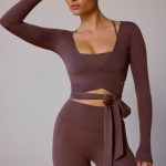 Long-Sleeve Wrap Crop Top in Taupe Brown - Image 5