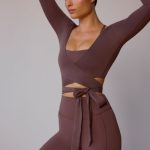 Long-Sleeve Wrap Crop Top in Taupe Brown - Image 6