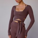 Long-Sleeve Wrap Crop Top in Taupe Brown - Image 7